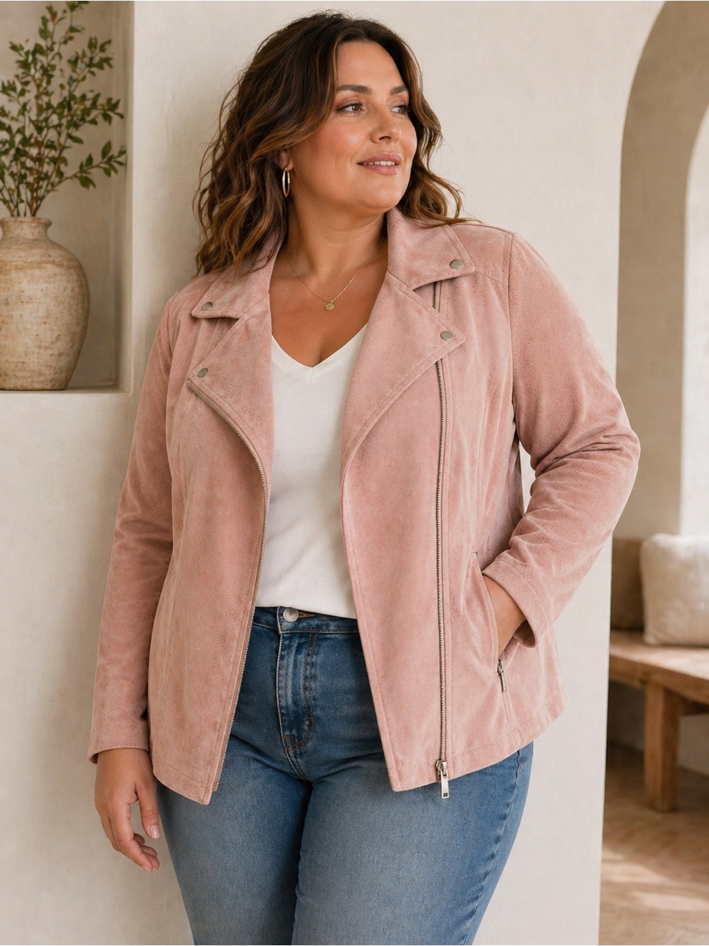 Chico’s Blush Pink Faux Suede Moto Jacket Size 3 XL 16 18 Stretch Zip Front